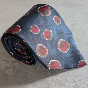 Zylos George Machado Italian Silk Navy Blue Red Polygon Pattern Necktie USA Made